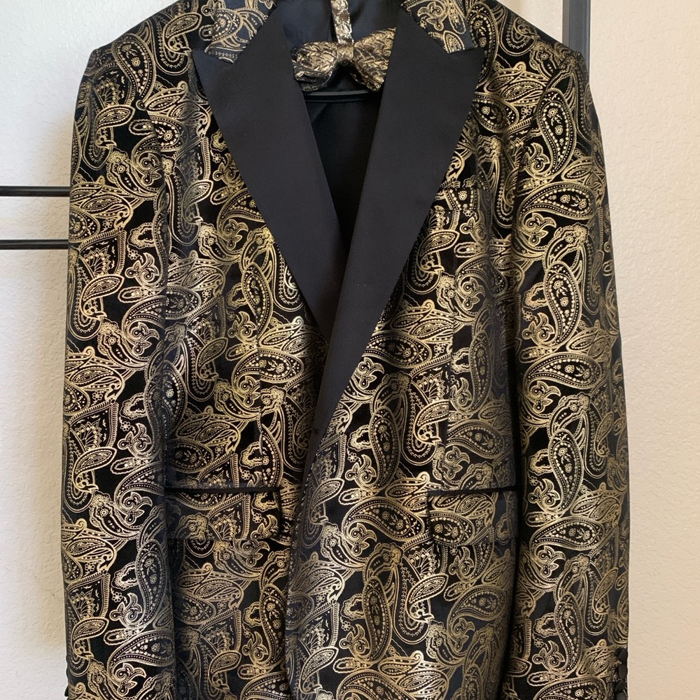 Men's Black and Gold Paisley Blazer & Tuxedo Pants.